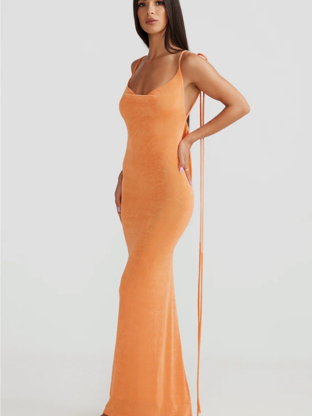 Slim Tie-Back Cowl Neck Maxi Dress - Orange